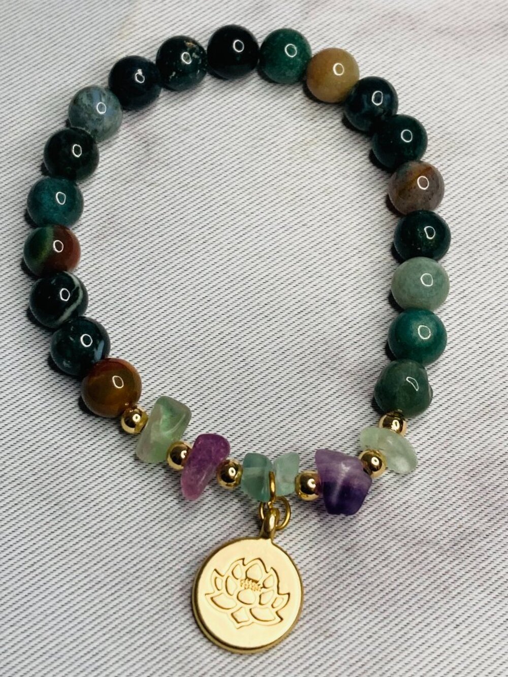 Fluorite * 18K Matte Gold Lotus * Indian Agate